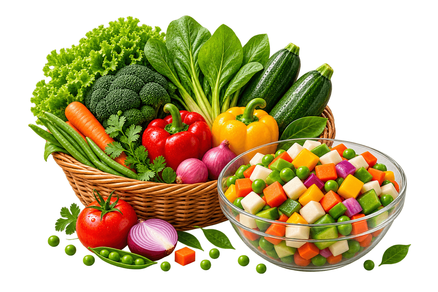 Basket of greens and a bowl of chopped vegetables