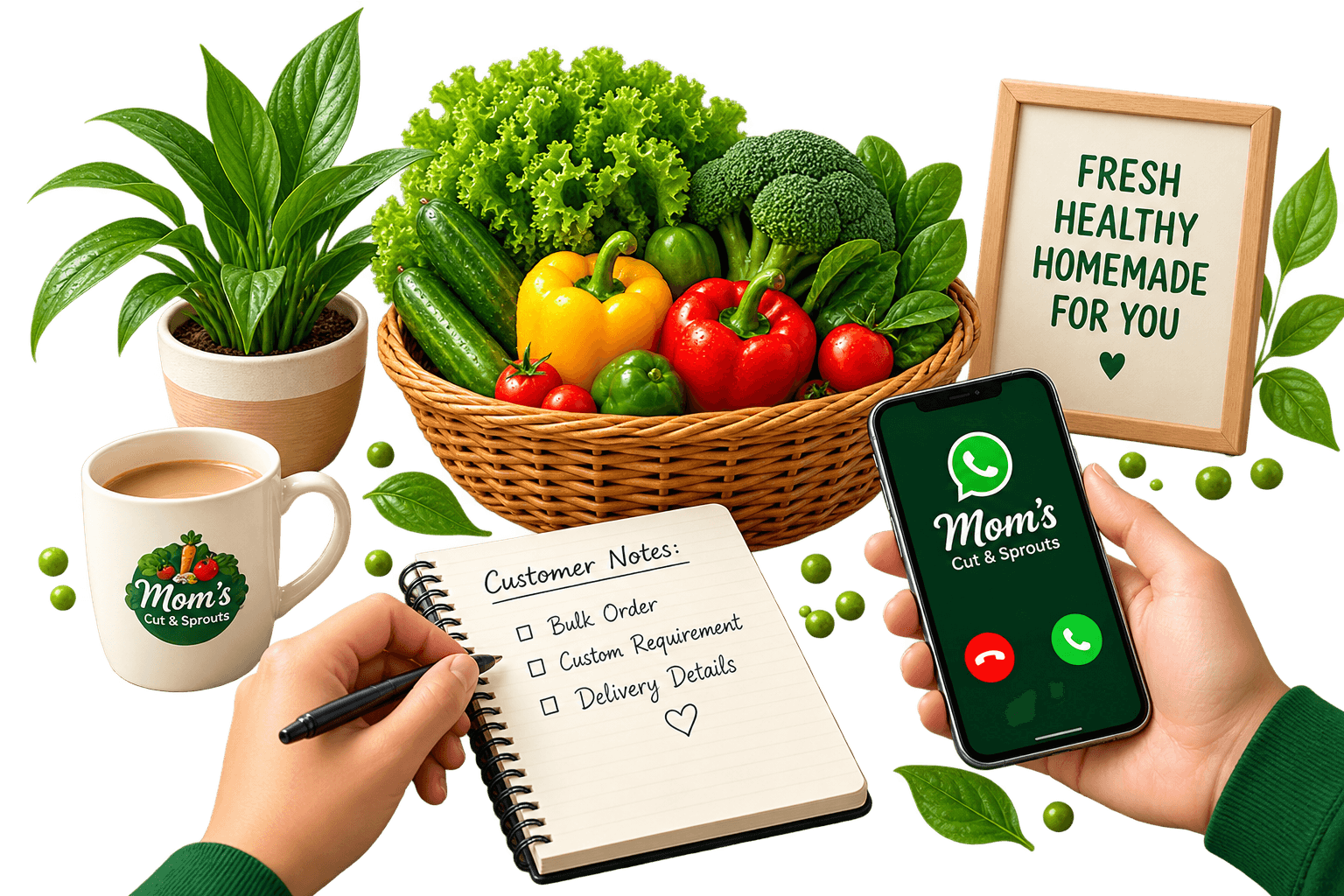 Desk with vegetables, a notebook and a phone showing Mom's Cut & Sprouts