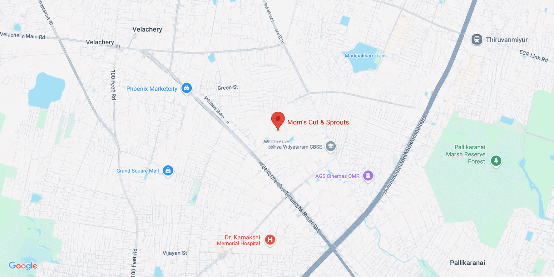 Map showing Mom's Cut & Sprouts in Velachery, Chennai
