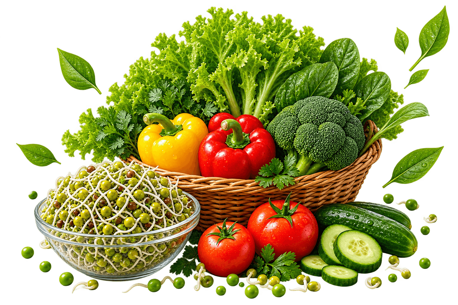 Basket of vegetables and a bowl of sprouts